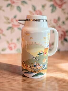 Vintage 1980s Japan Thermal Carafe Pastoral Farm Scene Vacuum Coffee Pitcher